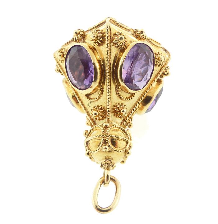 Venetian Etruscan 18K Gold &amp; Amethyst Fob Charm Pendant