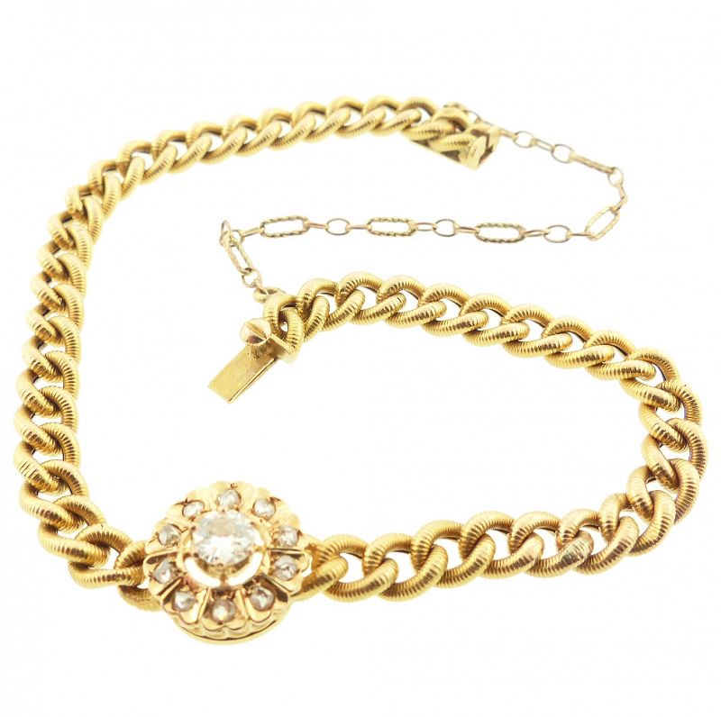 Victorian 18K Gold &amp; Diamond Curb Link Bracelet