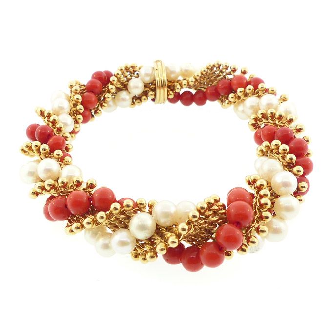 Van Cleef & Arpels 18K Gold, Pearl & Coral TWIST Bracelet