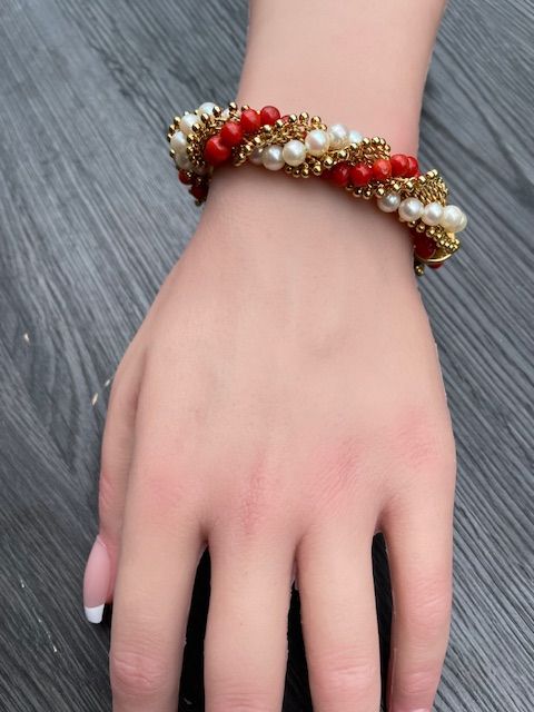 Van Cleef &amp; Arpels 18K Gold, Pearl &amp; Coral TWIST Bracelet