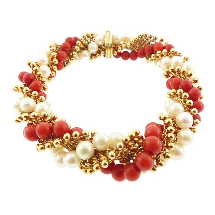 Van Cleef &amp; Arpels 18K Gold, Pearl &amp; Coral TWIST Bracelet