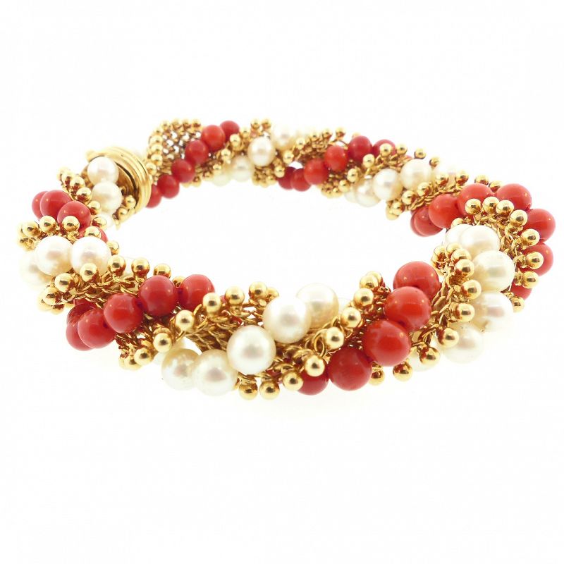 Van Cleef &amp; Arpels 18K Gold, Pearl &amp; Coral TWIST Bracelet