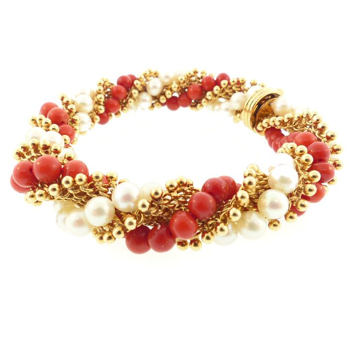 Van Cleef &amp; Arpels 18K Gold, Pearl &amp; Coral TWIST Bracelet