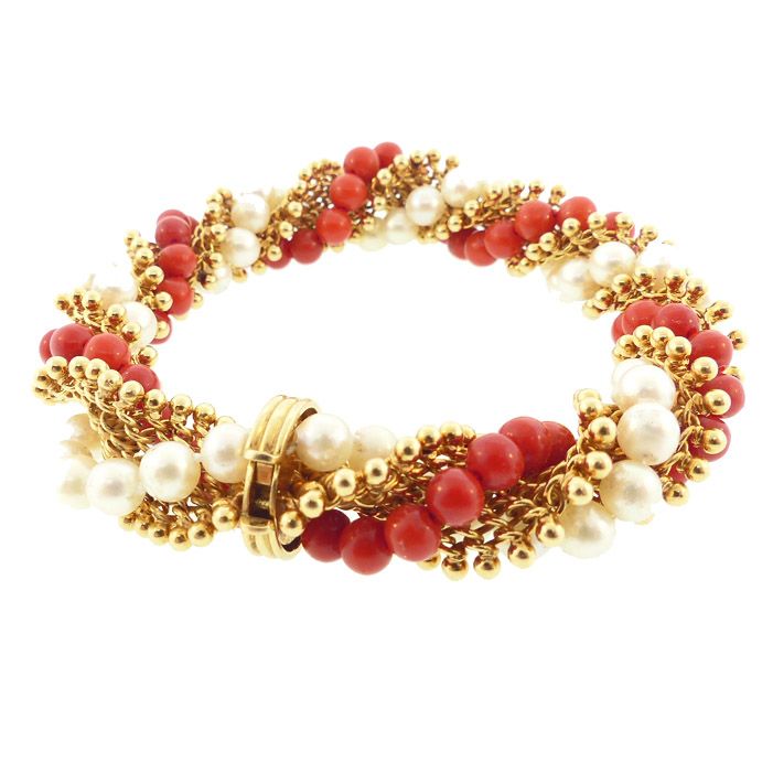 Van Cleef &amp; Arpels 18K Gold, Pearl &amp; Coral TWIST Bracelet