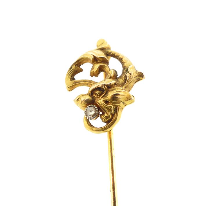 French Art Nouveau 18K Gold &amp; Diamond Griffin Stickpin