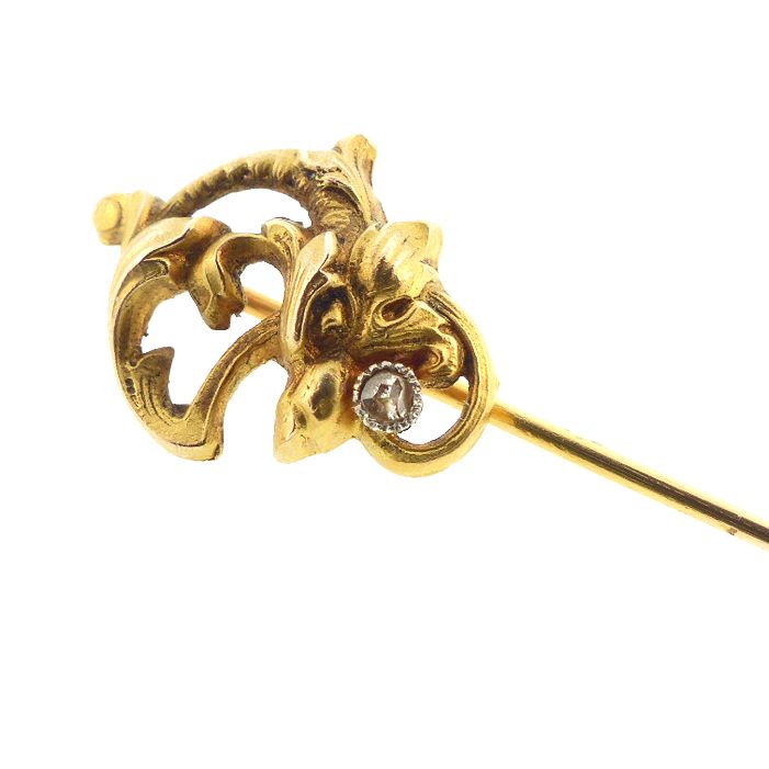 French Art Nouveau 18K Gold &amp; Diamond Griffin Stickpin