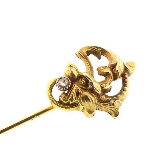 French Art Nouveau 18K Gold &amp; Diamond Griffin Stickpin