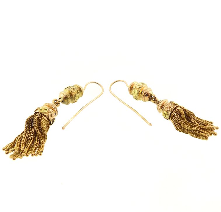 French 18K Colored Gold Foxtail Tassel Earrings