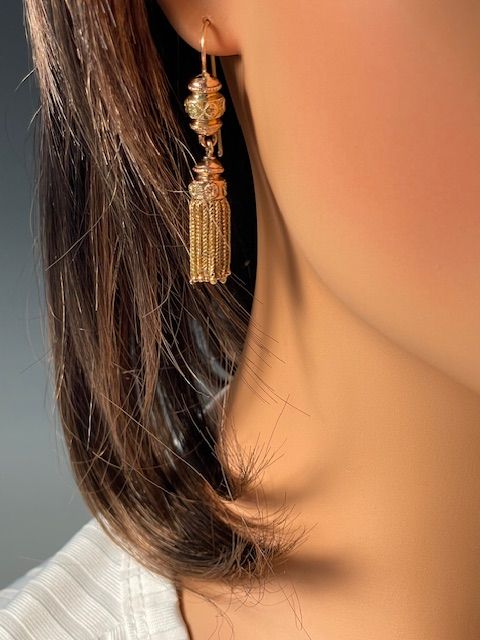 French 18K Colored Gold Foxtail Tassel Earrings