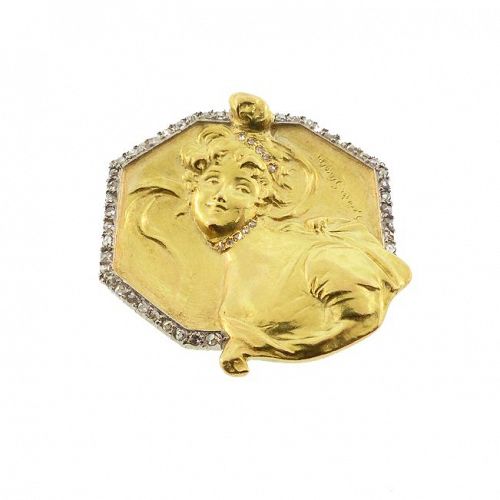 French Art Nouveau 18K Gold Diamond van der Straeten LA GAIETE Pendant