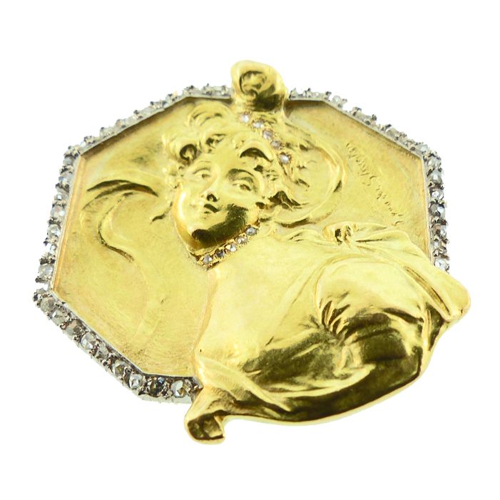 French Art Nouveau 18K Gold Diamond van der Straeten LA GAIETE Pendant