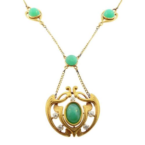 Art Nouveau 14K Gold, Diamond & Chrysoprase Necklace