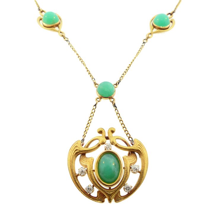 Art Nouveau 14K Gold, Diamond &amp; Chrysoprase Necklace