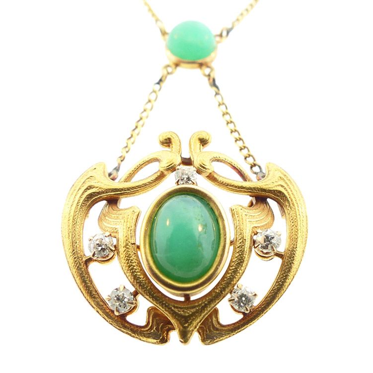 Art Nouveau 14K Gold, Diamond &amp; Chrysoprase Necklace