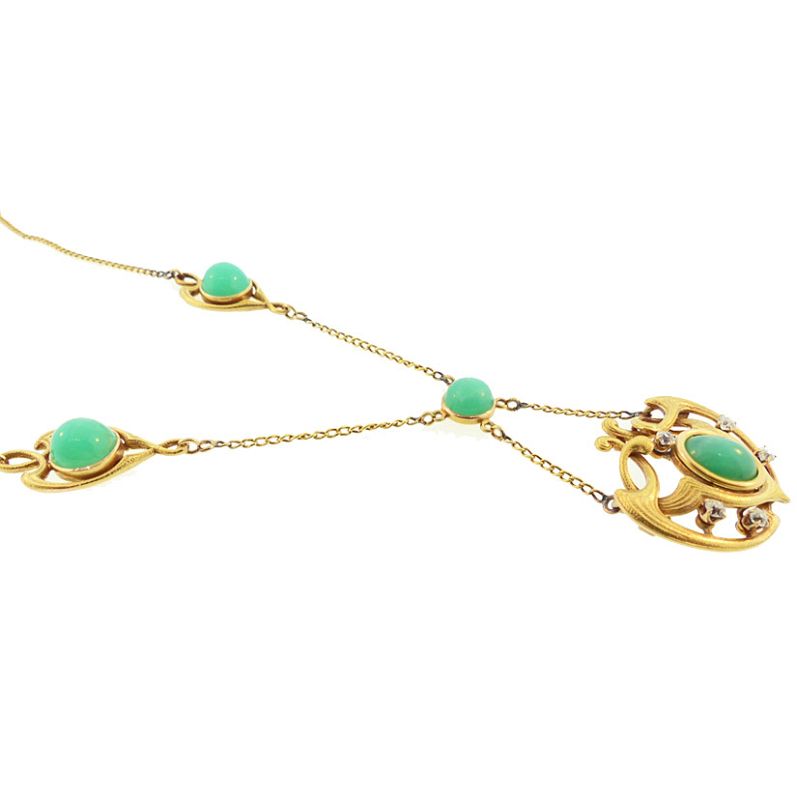 Art Nouveau 14K Gold, Diamond &amp; Chrysoprase Necklace