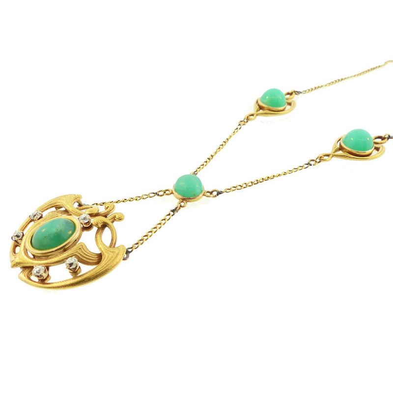 Art Nouveau 14K Gold, Diamond &amp; Chrysoprase Necklace