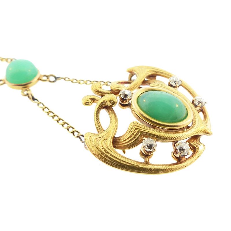 Art Nouveau 14K Gold, Diamond &amp; Chrysoprase Necklace