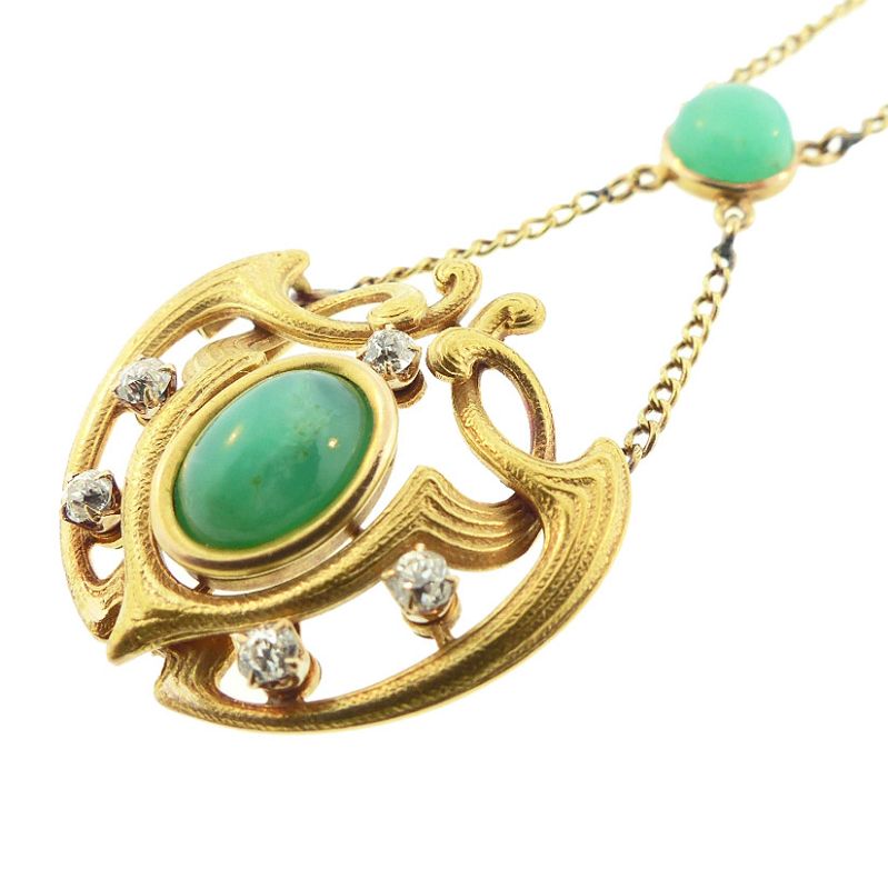 Art Nouveau 14K Gold, Diamond &amp; Chrysoprase Necklace