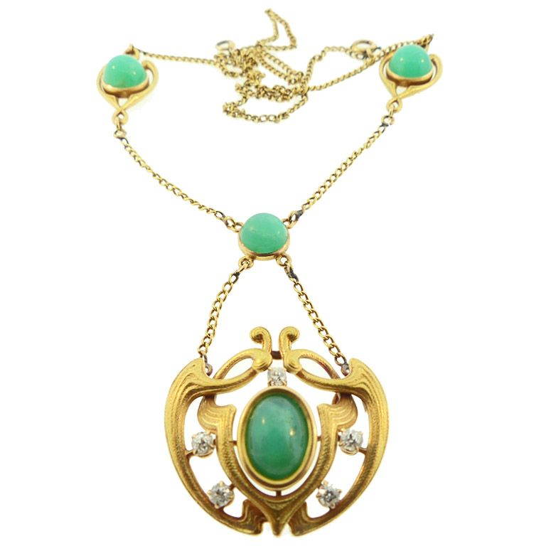 Art Nouveau 14K Gold, Diamond &amp; Chrysoprase Necklace