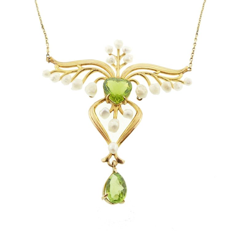 Art Nouveau 14K Gold Gold, Peridot &amp; Seed Pearl Pendant Necklace