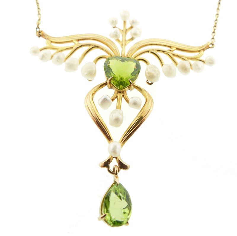 Art Nouveau 14K Gold Gold, Peridot &amp; Seed Pearl Pendant Necklace