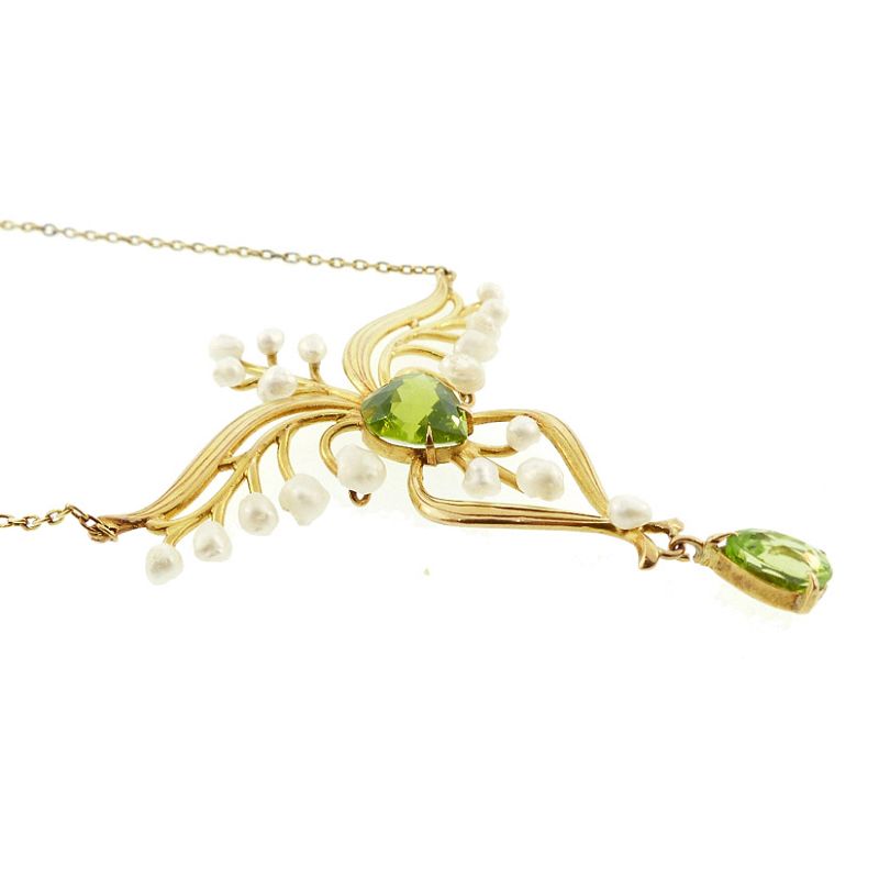 Art Nouveau 14K Gold Gold, Peridot &amp; Seed Pearl Pendant Necklace