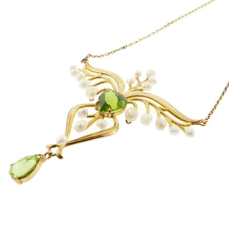 Art Nouveau 14K Gold Gold, Peridot &amp; Seed Pearl Pendant Necklace