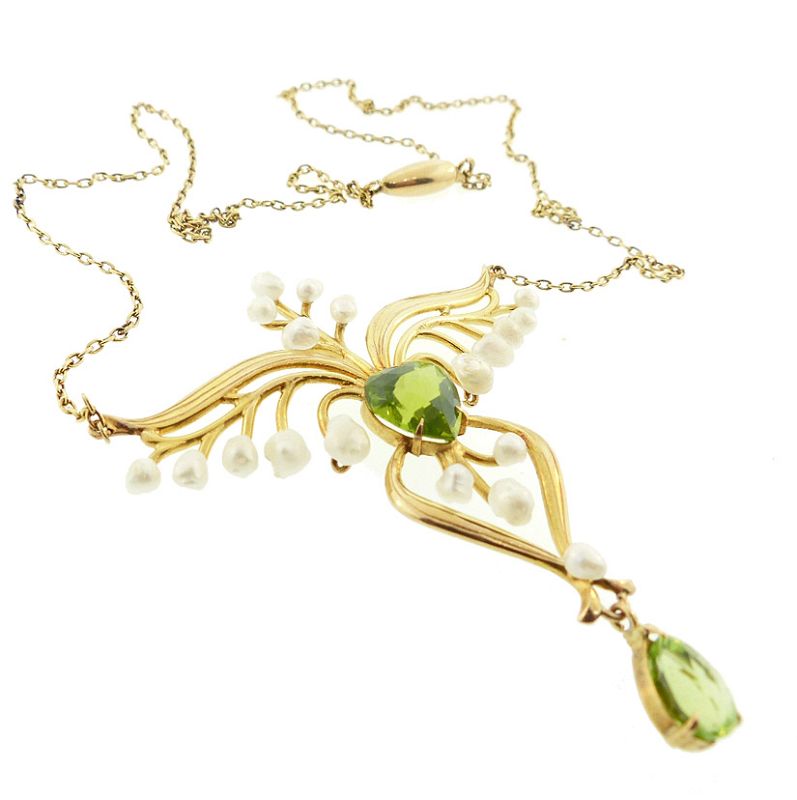 Art Nouveau 14K Gold Gold, Peridot &amp; Seed Pearl Pendant Necklace