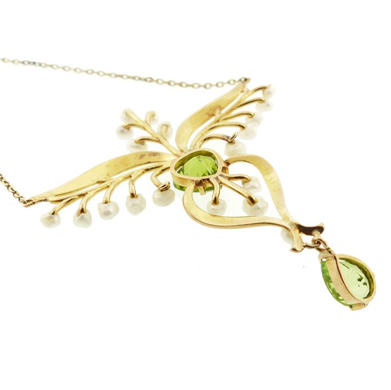 Art Nouveau 14K Gold Gold, Peridot &amp; Seed Pearl Pendant Necklace