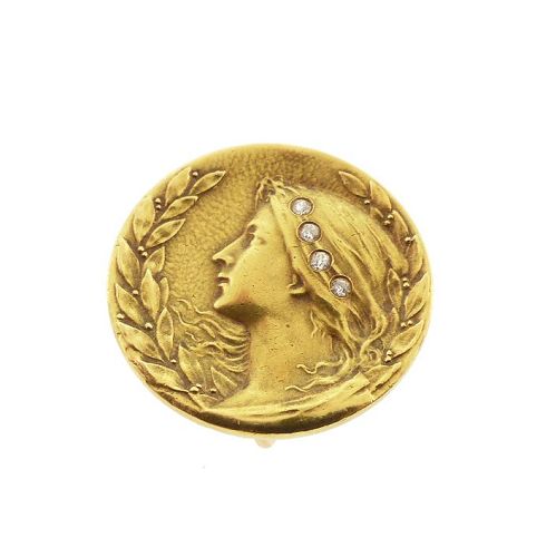 Art Nouveau 18K Gold Diamond Goddess Daphne Mythological Brooch