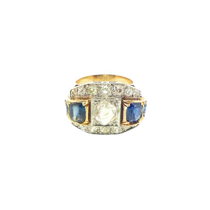 French Retro 18K Gold & Platinum Diamond & Sapphire Ring