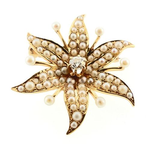 Art Nouveau 14K Gold, Seed Pearl & Diamond Shooting Star Pendant