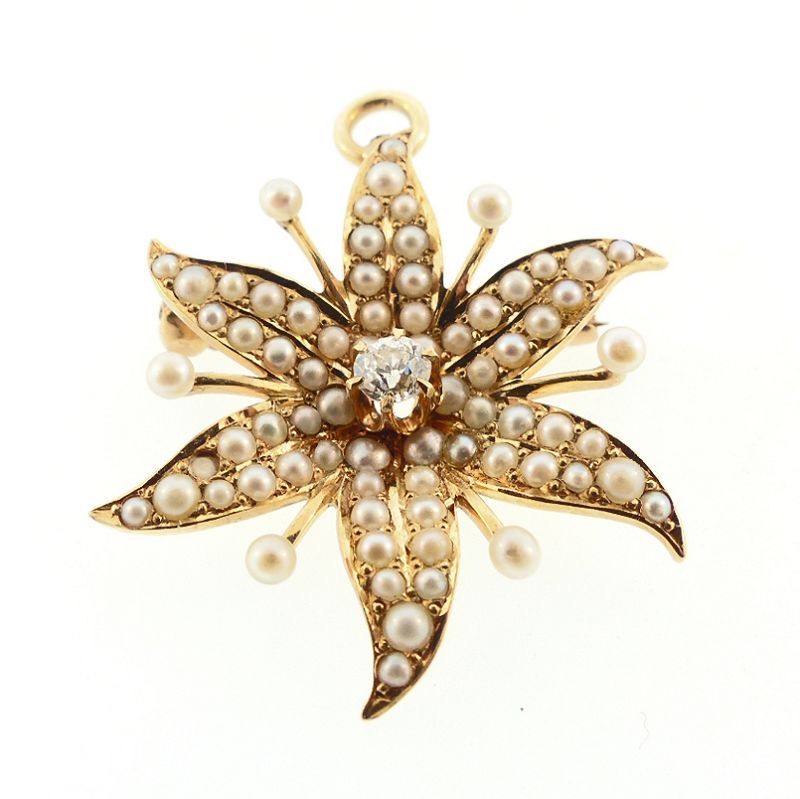 Art Nouveau 14K Gold, Seed Pearl &amp; Diamond Shooting Star Pendant