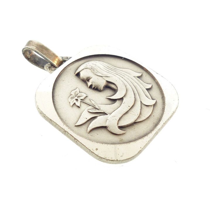 Vintage French Silver Modernist Zodiac Virgo Pendant / Charm