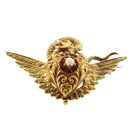 Art Nouveau 14K Gold, Pearl Griffin & Puffed Heart Brooch / Pendant