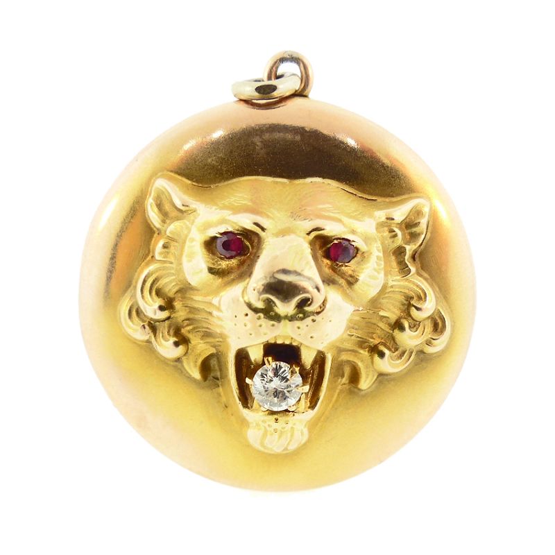 Large Edwardian 14K Gold, Diamond &amp; Ruby Lion Locket