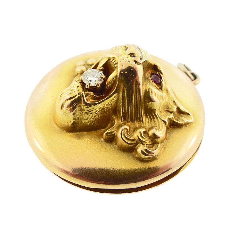 Large Edwardian 14K Gold, Diamond &amp; Ruby Lion Locket