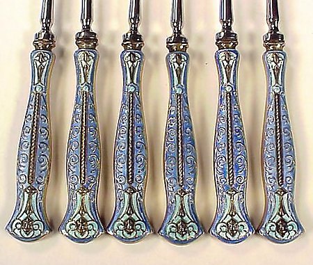 12 English Enameled Sterling Cocktail Forks