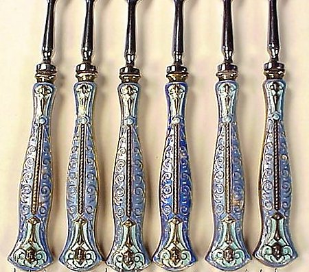 12 English Enameled Sterling Cocktail Forks