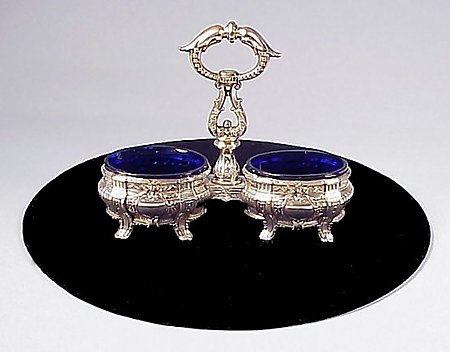 French Silver & Cobalt Glass Double Salt Dip