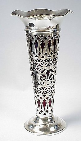 Edwardian Sterling Silver &amp; Ruby Glass Vase