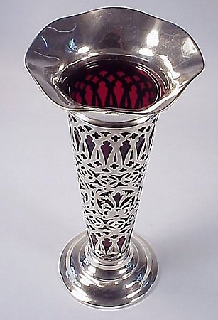 Edwardian Sterling Silver &amp; Ruby Glass Vase