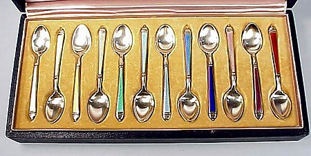 12 Sterling Guilloche Enamel Demitasse Spoons