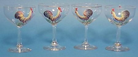 4 Cocktail Glasses with Handpainted Roosters