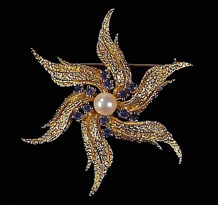 Vintage 14K Gold Sapphire Pearl Starfish Pin