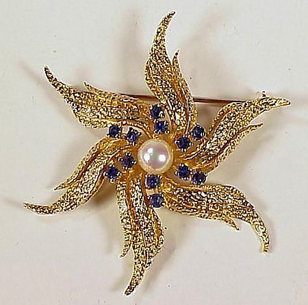 Vintage 14K Gold Sapphire Pearl Starfish Pin