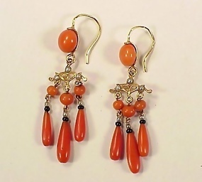 Victorian French 18K Gold, Coral, Onyx & Pearl Earrings