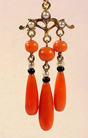 Victorian French 18K Gold, Coral, Onyx &amp; Pearl Earrings