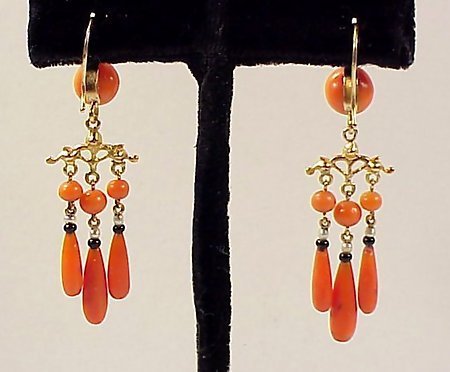 Victorian French 18K Gold, Coral, Onyx &amp; Pearl Earrings