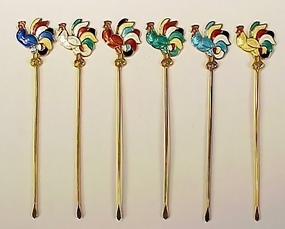 Art Deco Enameled Silver Rooster Cocktail Picks